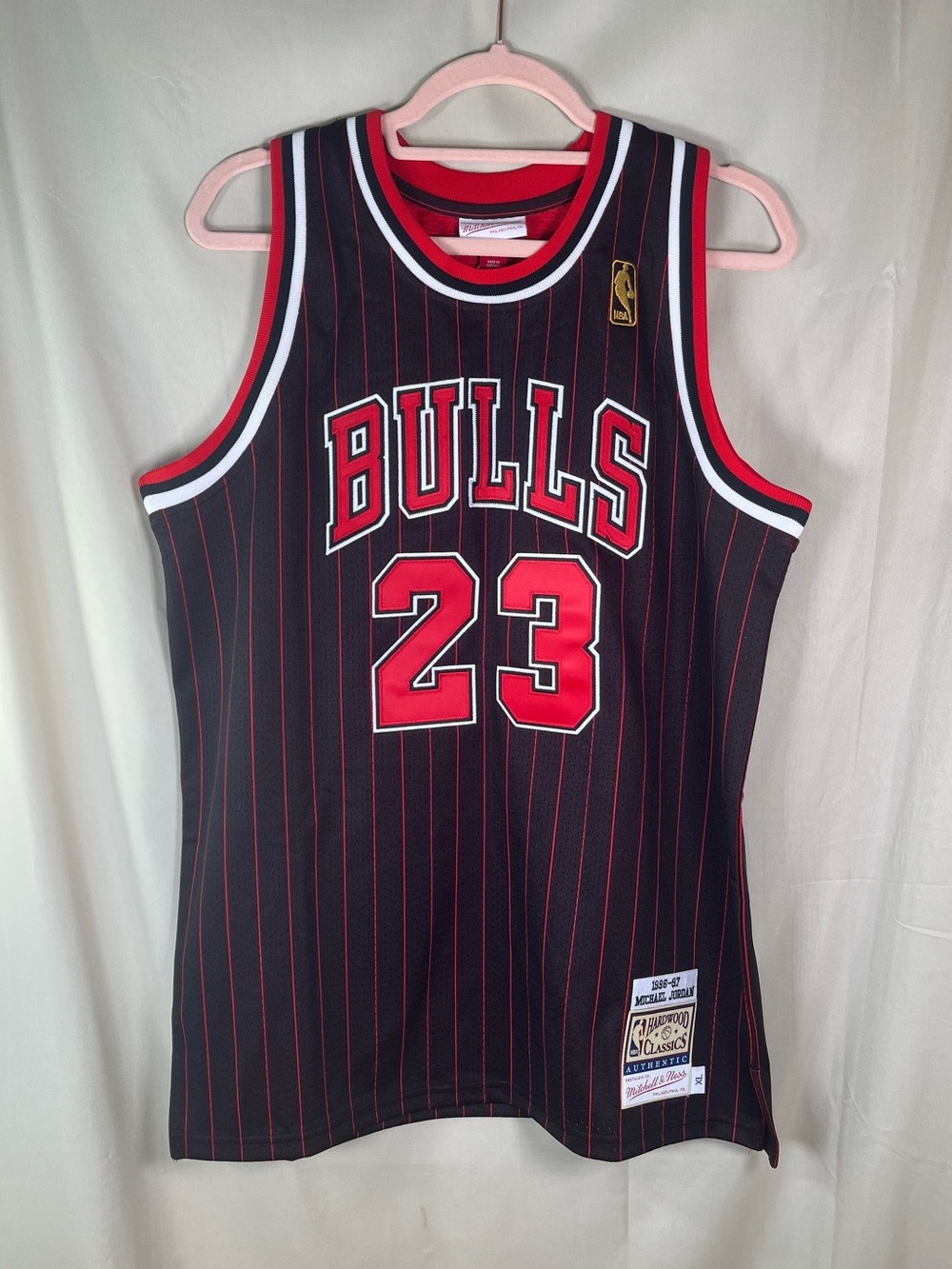 Chicago Bulls Michael Jordan #23 Black & Red Pinstriped NBA Jersey